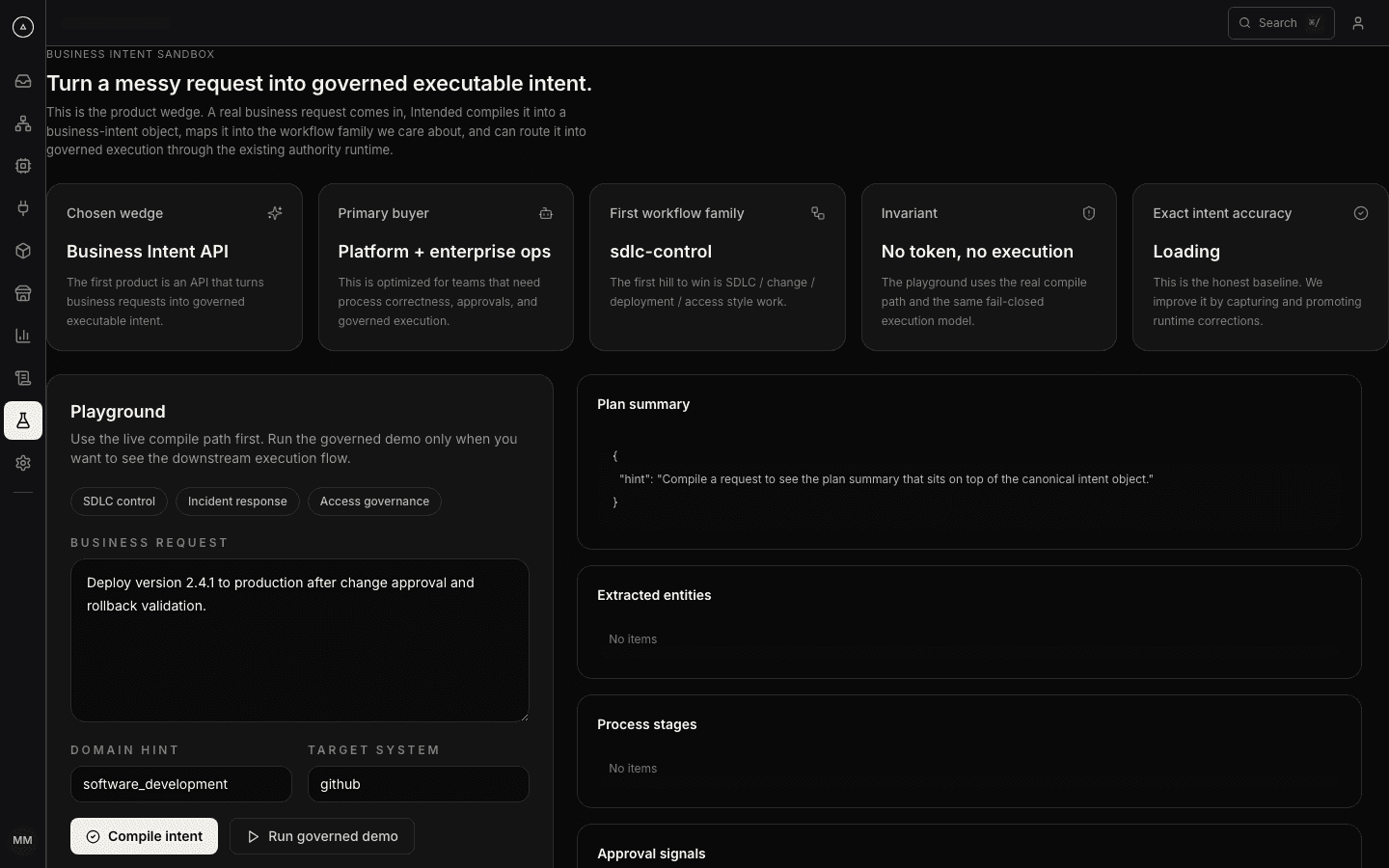 Sandbox — simulate an intent and see the decision before you ship.